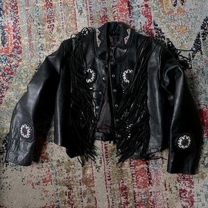 Black fringe, hand beaded, genuine leather jacket